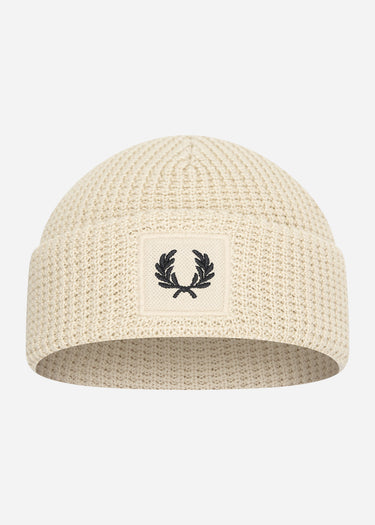 Fred Perry Mutsen Patch brand waffle knit beanie - oatmeal black