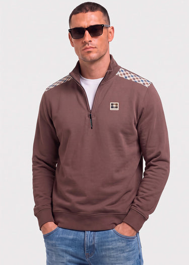 Aquascutum Truien Check shoulder quarter zip fleece - chocolate