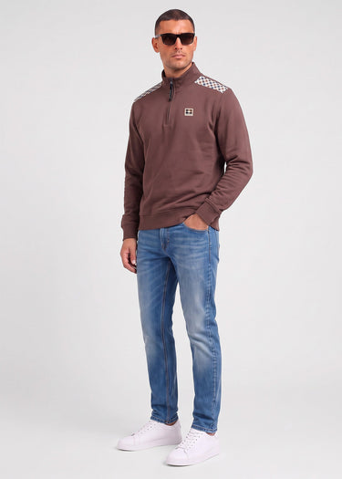 Aquascutum Truien Check shoulder quarter zip fleece - chocolate