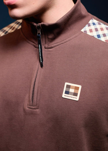 Aquascutum Truien Check shoulder quarter zip fleece - chocolate