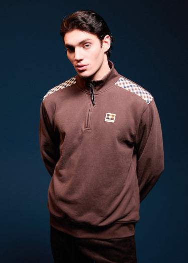 Aquascutum Truien Check shoulder quarter zip fleece - chocolate