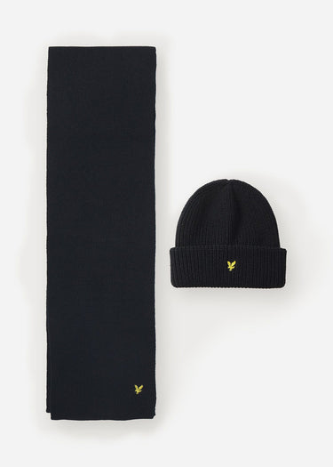 Lyle & Scott Sjaals Lambswool ribbed beanie scarf set - jet black