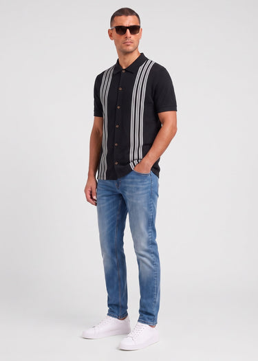 Ben Sherman Polo's Birdseye stripe button through polo - black