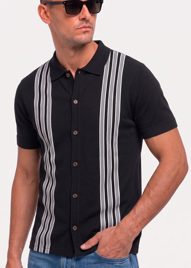 Ben Sherman Polo's Birdseye stripe button through polo - black