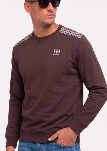 Aquascutum Truien Check shoulder crewneck fleece - chocolate