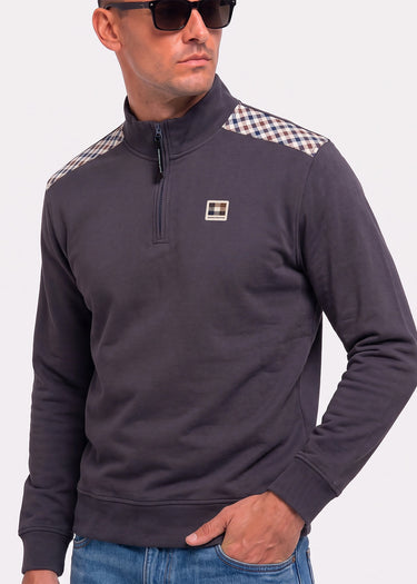 Aquascutum Truien Check shoulder quarter zip fleece - black