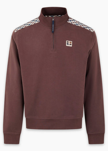 Aquascutum Truien Check shoulder quarter zip fleece - chocolate