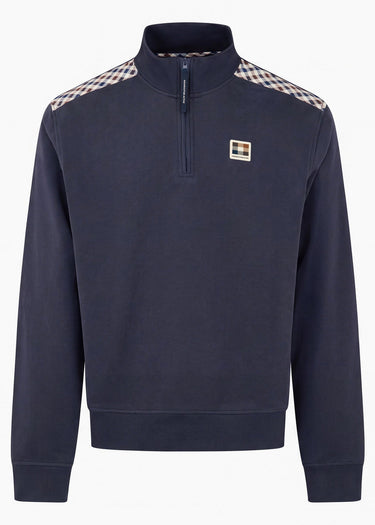 Aquascutum Truien Check shoulder quarter zip fleece - navy