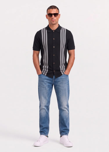 Ben Sherman Polo's Birdseye stripe button through polo - black