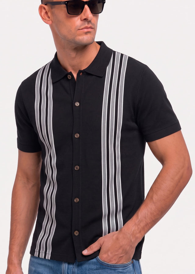 Ben Sherman Polo's Birdseye stripe button through polo - black