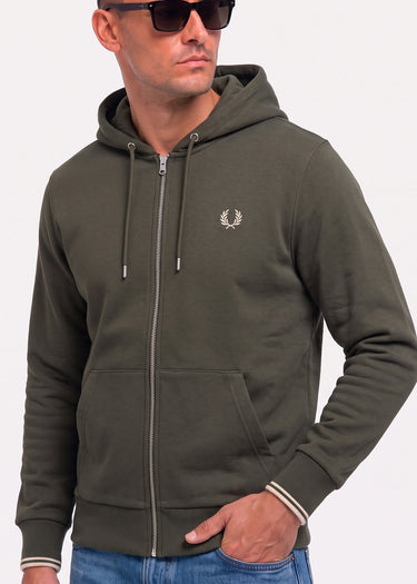 Fred Perry Vesten Hooded zip through sweatshirt - field green oatmeal
